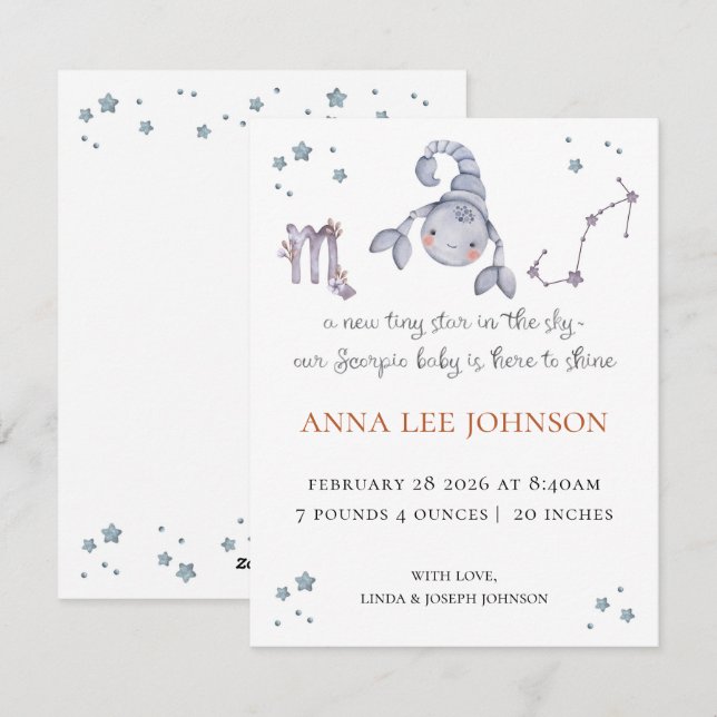 Cartes Pour Fêtes Annuelles Scorpio Zodiac Birth Announcement (Devant / Derrière)