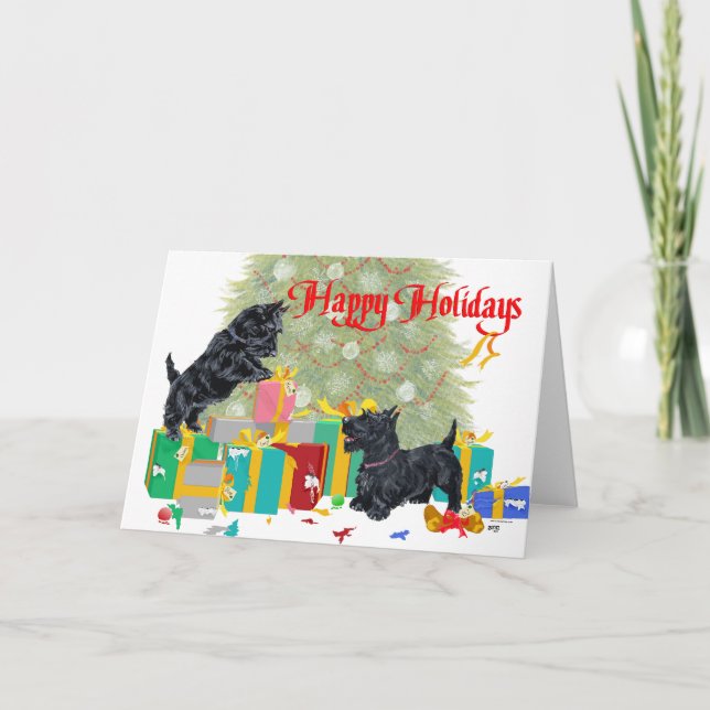 Cartes Pour Fêtes Annuelles Scotties Trier les cadeaux de Noël (Devant)