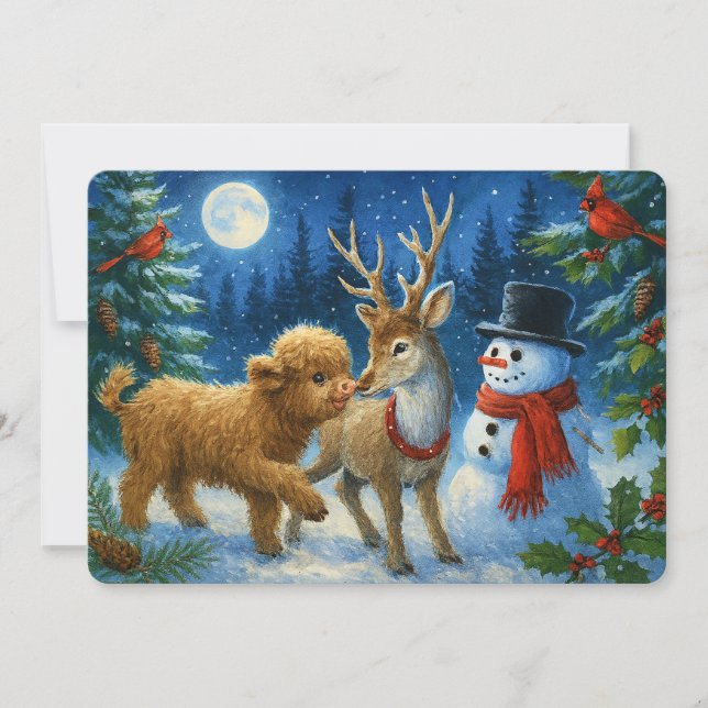 Cartes Pour Fêtes Annuelles Scottish Highland Cow Reindeer & Snowman Christmas (Devant)