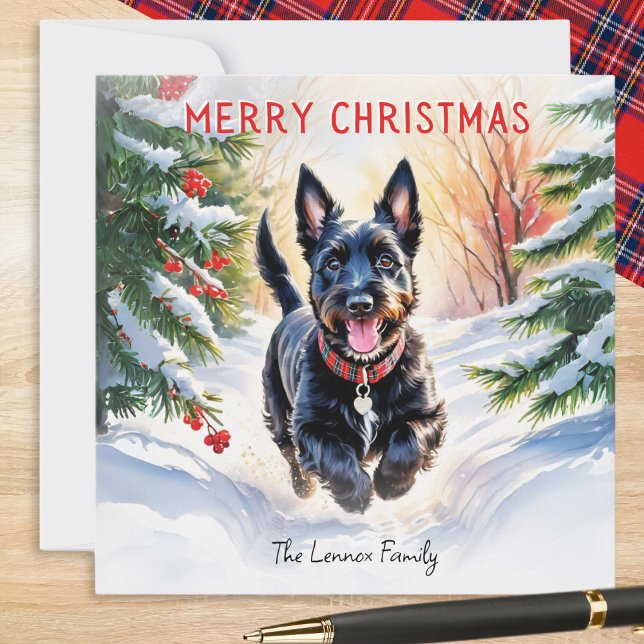 Cartes Pour Fêtes Annuelles Scotty Chien écossais Terrier En Noël De Neige (A Christmas card with picture of a Scottish Terrier dog running through snow, in a watercolor style)
