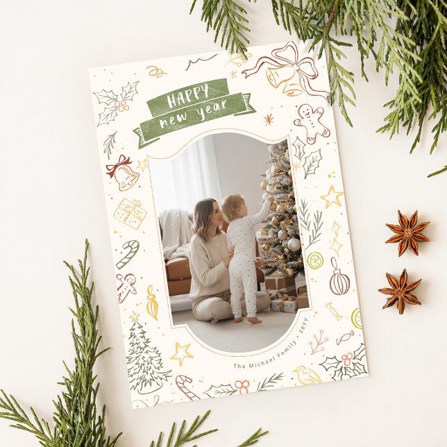 Cartes Pour Fêtes Annuelles Scribble Doodle Whimsical Family Christmas Photo (Créateur téléchargé)