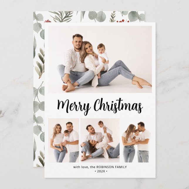 Cartes Pour Fêtes Annuelles Script botanique élégant 4 photos multi-photos Noë (Devant / Derrière)