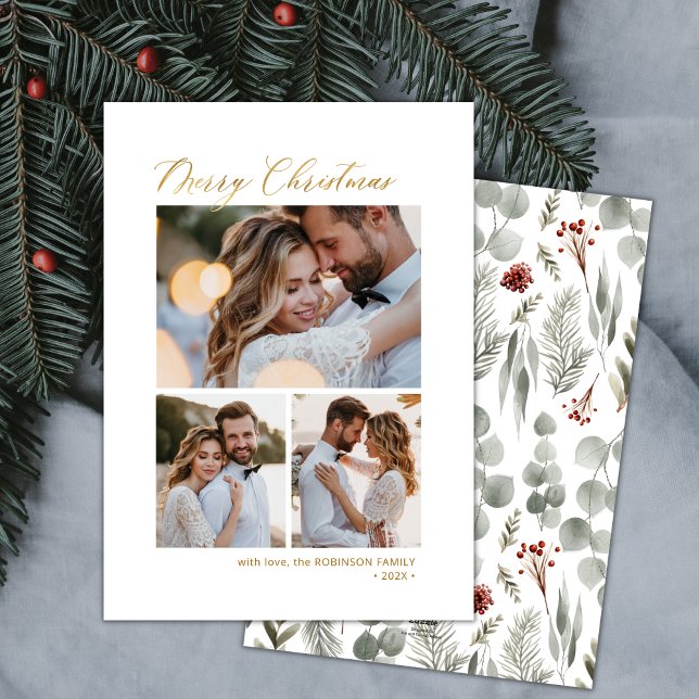 Cartes Pour Fêtes Annuelles Script botanique minimal 3 Noël multiphoto (Créateur téléchargé)