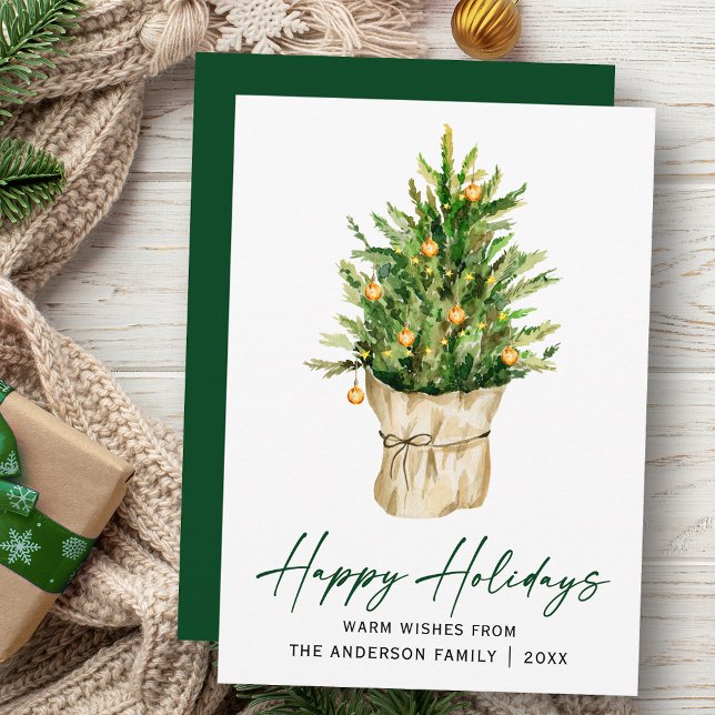 Cartes Pour Fêtes Annuelles Script Calligraphie d'encre Aquarelle Arbre vert (Customize to change your personalized text size, style or change color of back of card.)