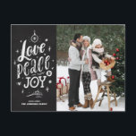 Cartes Pour Fêtes Annuelles Script Chalkboard Aimer la paix et Joy Letters<br><div class="desc">Amour, paix et joie. Envoyez des voeux et des voeux de vacances à votre famille et à vos amis avec cette carte postale rustique de Noël. Il présente un script rustique à la craie avec un arrière - plan faux tableau de bord. Personnalisez en ajoutant des photos, des noms, des...</div>