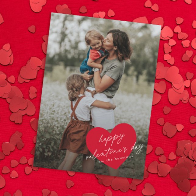 Cartes Pour Fêtes Annuelles Script de cœur simple Joyuse Saint-Valentin (Simple heart minimal happy photo valentine's day card.)