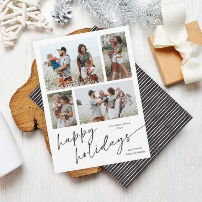Cartes Pour Fêtes Annuelles Script de collage photo simple 4 Joyeuses Fêtes (Simple script 4 photo collage black and white happy holidays card. )