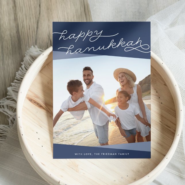 Cartes Pour Fêtes Annuelles Script de Geo bleu marine | Hanoukka Photo (Créateur téléchargé)