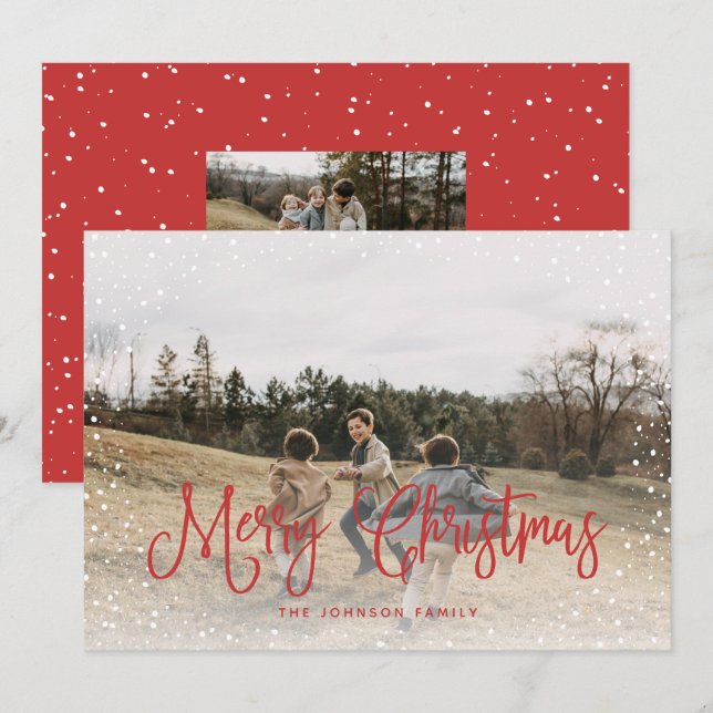 Cartes Pour Fêtes Annuelles Script de neige moderne 2 photo (Devant / Derrière)