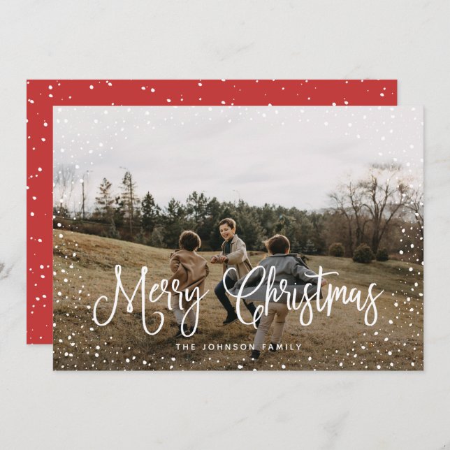 Cartes Pour Fêtes Annuelles Script de neige moderne 2 photo (Devant / Derrière)