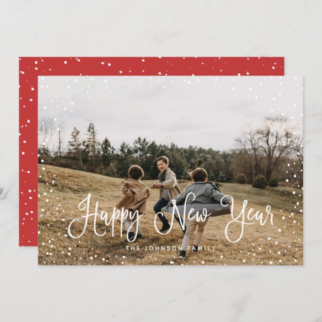 Cartes Pour Fêtes Annuelles Script de neige moderne 2 photo (Devant / Derrière)