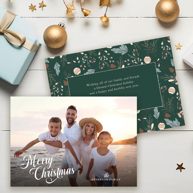 Cartes Pour Fêtes Annuelles Script de Noël complet Photo Boho Verdure Message (Créateur téléchargé)