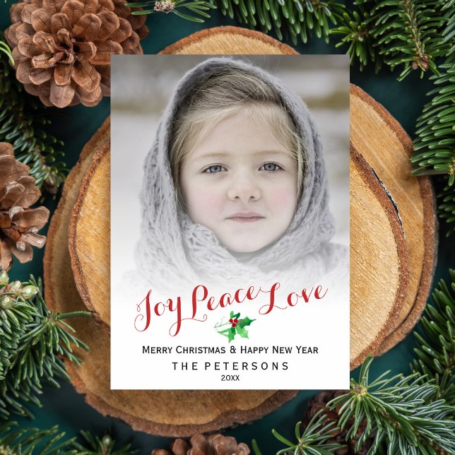 Cartes Pour Fêtes Annuelles Script de Noël Joie Paix Amour Holly Photo (Créateur téléchargé)