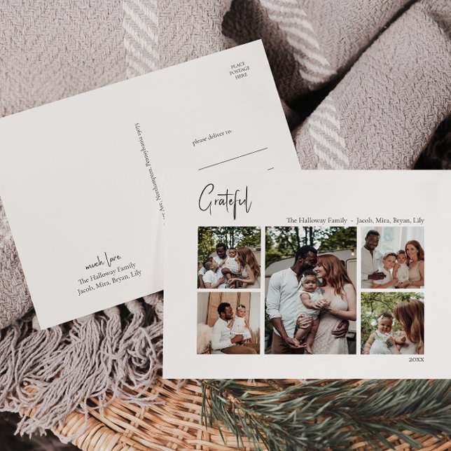 Cartes Pour Fêtes Annuelles Script de Noël moderne Grateful Cinq-Photo (Créateur téléchargé)