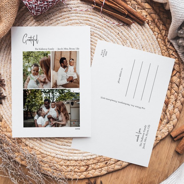 Cartes Pour Fêtes Annuelles Script de Noël moderne Grateful Vertical 3 Photo (Créateur téléchargé)