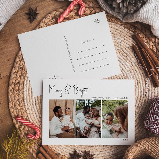 Cartes Pour Fêtes Annuelles Script de Noël moderne Joyeux et brillant trois ph (Créateur téléchargé)
