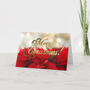 Cartes Pour Fêtes Annuelles Script d'or Red Poinsettia Floral Christmas Faux