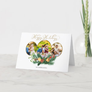 Cartes Pour Fêtes Annuelles Script Floral 3-Photo Gold Joyeux Vacances