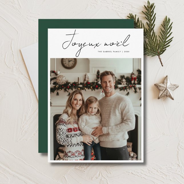 Cartes Pour Fêtes Annuelles Script Green Joyeux Noël Frech Photo de Noël (Créateur téléchargé)
