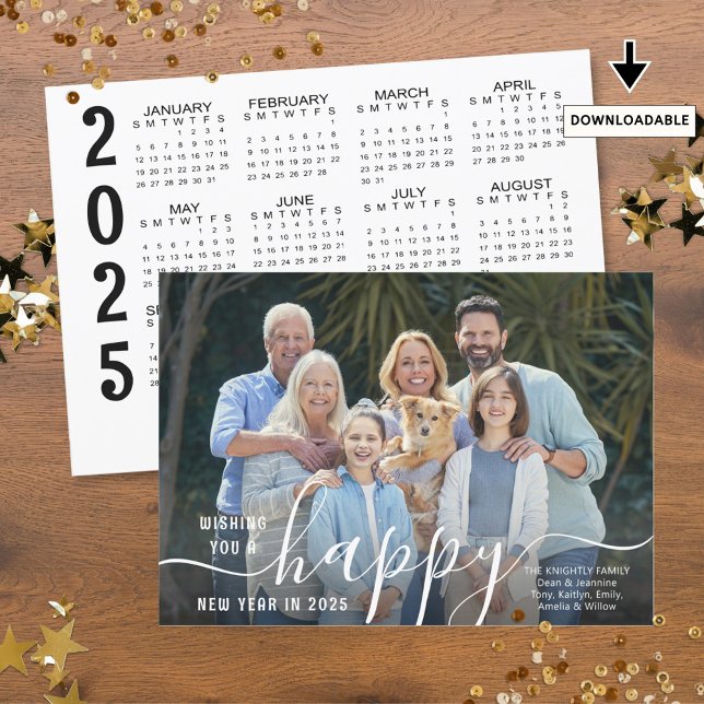 Cartes Pour Fêtes Annuelles Script HAPPY NEW YEAR Photo Overlay 2025 Calendrie (Créateur téléchargé)