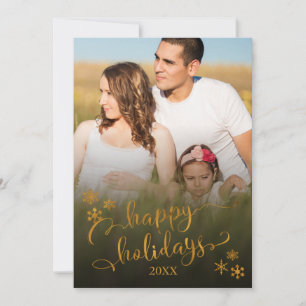 Cartes Pour Fêtes Annuelles Script Joyeuses Fêtes en Or avec Photo & Flocons d