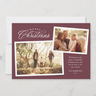 Cartes Pour Fêtes Annuelles Script Joyeux Noël classique deux photos mauve