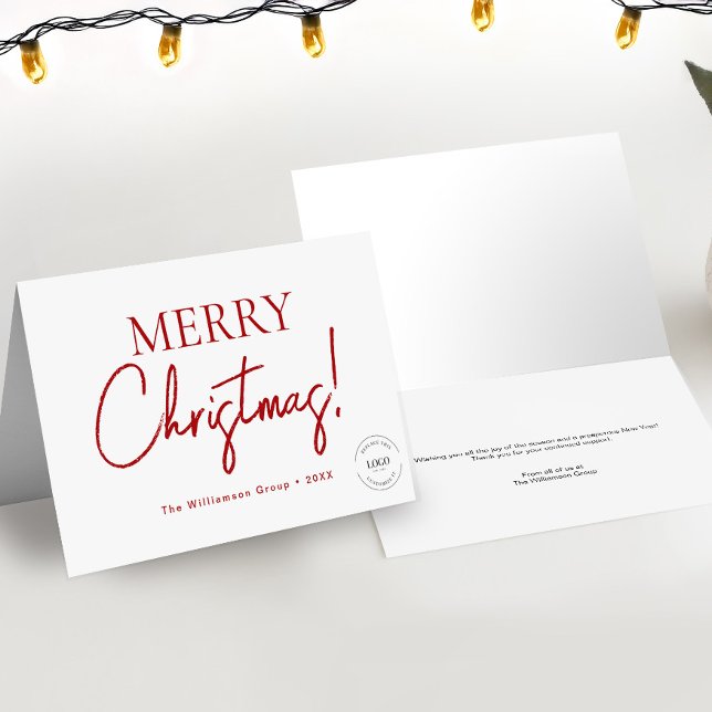 Cartes Pour Fêtes Annuelles Script Joyeux Noël Entreprise Logo Entreprise ROUG (Merry Christmas Red script company logo thank you holiday cards.)