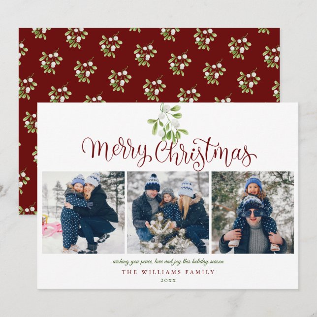 Cartes Pour Fêtes Annuelles Script Joyeux Noël Gui 3 Photo (Devant / Derrière)
