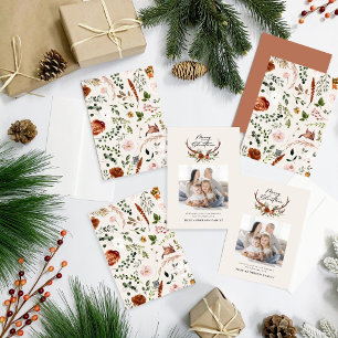 Cartes Pour Fêtes Annuelles script joyeux noël rustique cerf floral
