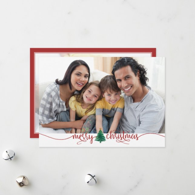 Cartes Pour Fêtes Annuelles Script Joyeux sapin de Noël Rouge Vert 2 Photo (Devant/Arrière en situation)
