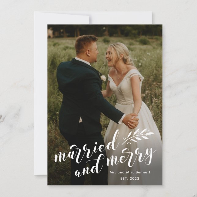 Cartes Pour Fêtes Annuelles Script Marié et Joyeux Mariage Photo Noël (Devant)