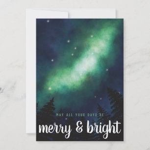 Cartes Pour Fêtes Annuelles Script "Merry & Bright" Northern Lights   Vert