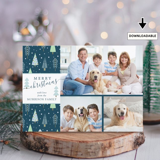 Cartes Pour Fêtes Annuelles Script MERRY NOËL Bleu vert Arbres 3 Photos (Créateur téléchargé)