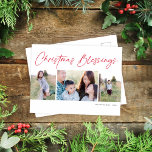 Cartes Pour Fêtes Annuelles Script moderne Bénédictions de Noël Trois photos<br><div class="desc">Cette belle carte postale de vacances comprend trois photos et le salut "Bénédictions de Noël". Le design est simple mais élégant. Cette conception accepte deux photos verticales et une photo horizontale. À l'arrière, vous trouverez beaucoup d'espace pour écrire votre propre salutation personnelle et l'adresse du destinataire. Les cartes postales sont...</div>