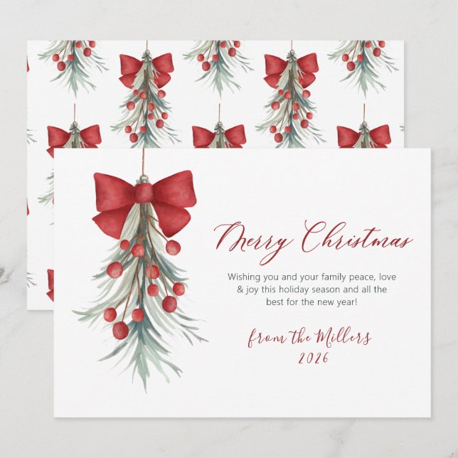 Cartes Pour Fêtes Annuelles Script moderne Berries rouges Noël vert (Devant / Derrière)