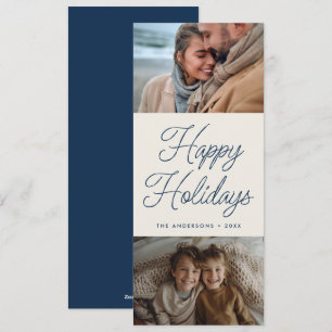 Cartes Pour Fêtes Annuelles Script moderne Bleu Deux photos grand Noël