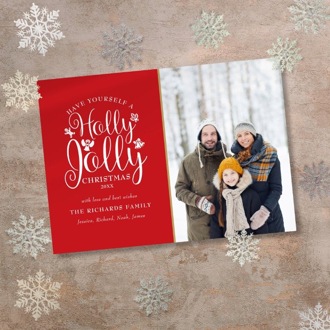 Cartes Pour Fêtes Annuelles Script Moderne de Noël Holly Jolly Photo (Christmas Holly Jolly Script Modern Photo Holiday Card)