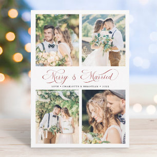 Cartes Pour Fêtes Annuelles Script moderne élégant Rouge Joyeux & Marié 4 Phot
