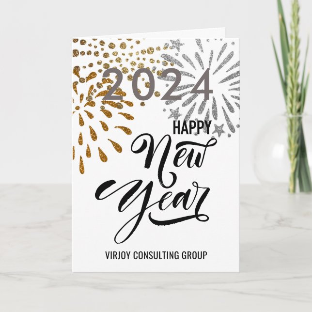 Cartes Pour Fêtes Annuelles Script moderne Gold Silver Fireworks Photo d'entre (Devant)
