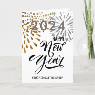 Cartes Pour Fêtes Annuelles Script moderne Gold Silver Fireworks Photo d'entre