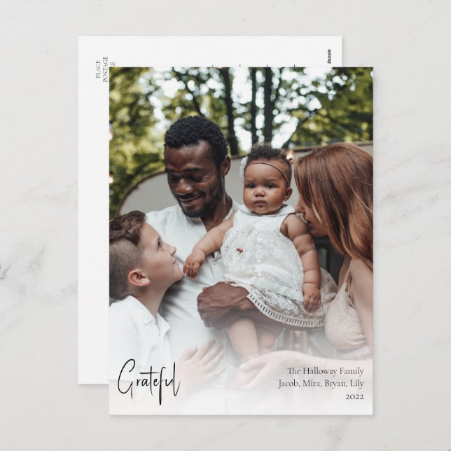 Cartes Pour Fêtes Annuelles Script moderne Grateful Pleine photo verticale (Devant / Derrière)