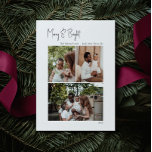 Cartes Pour Fêtes Annuelles Script moderne Joyeux et brillant Vertical 3 Photo<br><div class="desc">Ce script moderne joyeux & lumineux vertical 3 photo carte de vacances est parfait pour votre minimaliste shabby chic boho noir et blanc accueil de vacances. La calligraphie manuscrite minimaliste est délicate et rustique tout en restant élégante et élégante. Le design reflète une simple journée d'hiver blanche et évoque les...</div>