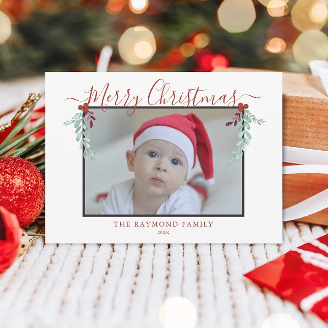 Cartes Pour Fêtes Annuelles Script moderne Joyeux Noël Floral Cadre photo (Modern Script Merry Christmas Floral Frame Photo Holiday Card)