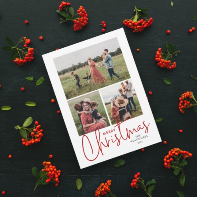 Cartes Pour Fêtes Annuelles Script moderne Joyeux Noël Simple 3 Photo (Simple script 3 photo collage merry christmas holiday card with handwritten typography.)
