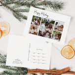 Cartes Pour Fêtes Annuelles Script moderne Joyeux vacances Cinq photos<br><div class="desc">Cette carte postale de vacances cinq photos est parfaite pour votre accueil de vacances minimaliste chic boho noir et blanc. La calligraphie manuscrite minimaliste est délicate et rustique tout en restant élégante et élégante. Le design reflète une simple journée d'hiver blanche et évoque les souvenirs d'une vie plus simpliste. Vous...</div>