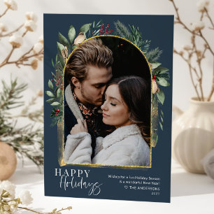 Cartes Pour Fêtes Annuelles Script moderne Marine Vert Arc Or Photo