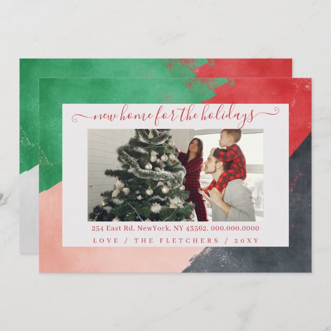 Cartes Pour Fêtes Annuelles Script moderne Nouvelle maison pour les vacances P (Devant / Derrière)