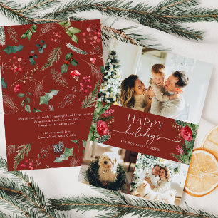 Cartes Pour Fêtes Annuelles Script Moderne Photo de Feuillage d'Hiver Rouge Bo