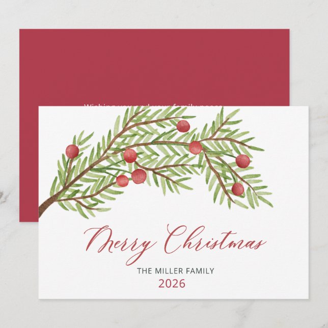 Cartes Pour Fêtes Annuelles Script moderne verdure Baies rouges Noël (Devant / Derrière)