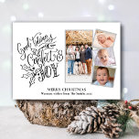 Cartes Pour Fêtes Annuelles Script noir moderne Bon goût Confort & Joie<br><div class="desc">Script noir moderne Parties scintillant en argent arrière - plan "Good Tidings of Comfort and Joy" 4 Photo Collage minimaliste Carte de vacances. Envoyez des voeux de Noël à vos proches avec cette carte de Noël minimaliste et moderne. Tous les textes sont pré-arrangés pour que vous personnalisiez facilement et rapidement...</div>